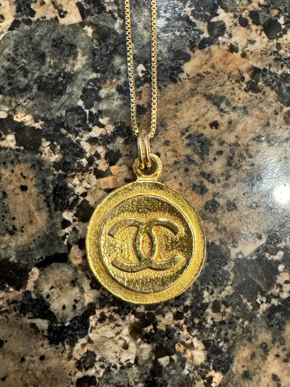Repurposed Chanel pendant 18K gold plated with 22 in 18K gold plated box chain